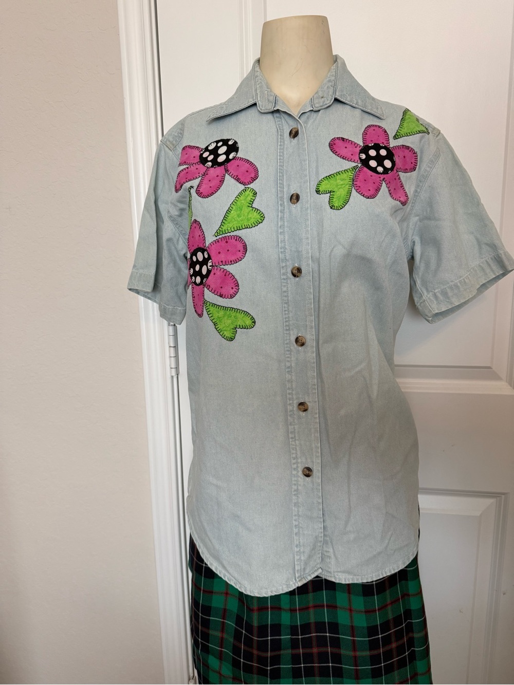 Y2K Jerzees Lightweight Denim Button Down Floral Patchwork Shirt